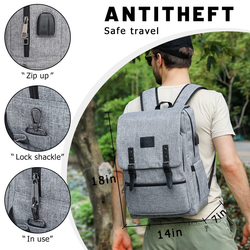 HFSX Vintage Backpack Anti Theft Laptop Backpack Men Women Business Travel Computer Backpack College Bookbag Stylish Water Resistant Vintage Backpack with USB Port Fits 15.6 Inch Laptop Grey - Image 2